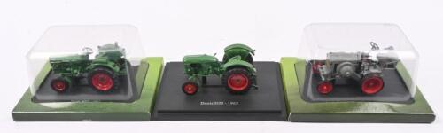 DEUTZ: Three Hachette Partworks 1:43 scale Deutz tractor models. Boxed 1929 Deutz MTZ 120 in grey & 1967 Deutz 3005 in green