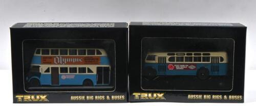 AEC/LEYLAND: Two 1:76 scale TRUX 'AUSSIE BIG RIGS & BUSES' BUS models. 1952 AEC REGENT 111 DOUBLE DECKER BUS in blue/off white Route 17 Wallsend, Sydney livery (TX6E) & 1952 LEYLAND TIGER OPS2 SINGLE DECKER BUS in blue/off white Route 138 Warringah Mall livery (TX7E)
