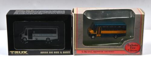 MINIBUS: Two 1:76 scale Minibus models. 'TRUX AUSSIE BIG RISES & BUSES' MERCEDES MINIBUS in 'SHORELINK' livery (TX14C) & Exclusive First Editions Plaxton Beaver minibus in blue/yellow 'miniMETRO' livery (24903)