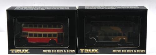 LEYLAND: Two 1:76 scale TRUX 'AUSSIE BIG RIGS & BUSES' Leyland bus models. 1929 LEYLAND TITAN TD1 DOUBLE DECK BUS (TX3E) in camouflagued Woolloomooloo livery & 1933 LEYLAND TITAN TD1 DOUBLE DECKER BUS (TX3F), red/cream Drummoyne, Route 992 livery