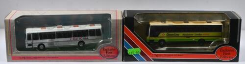 PLAXTON: Two Exclusive First Editions 1:76 scale Plaxton bus models. Plaxton Paramount 3500 Coach (26604) in 'Greenline' livery & Plaxton Panorama Bristol Dome (29510) in white 'NATIONAL EXPRESS', TILLING route livery
