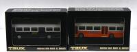 LEYLAND: Two 1:76 scale TRUX 'AUSSIE BIG RIGS & BUSES' 1972 Leyland National bus&nbsp;models. TX11&nbsp;in orange/white 'Surfside', Gold Coast to Tweed Heads&nbsp;livery & TX11E in dark green/white 'MTT', Perth&nbsp;livery