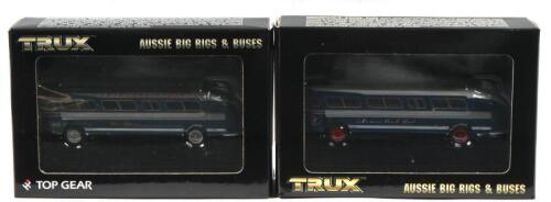 ANSAIR: Two 1:76 scale TRUX 'AUSSIE BIG RIGS & BUSES' 1954 ANSAIR FLXIBLE CLIPPER bus models. TX15B in blue/silver 'Newman's Coach Lines' livery & TX15E in teal blue/silver 'Pioneer Express' livery