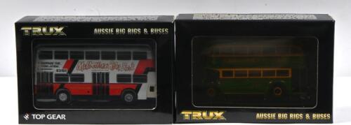 MELBOURNE BUSES: Two 1:76 scale TRUX 'AUSSIE BIG RIGS & BUSES' bus models. 1940 LEYLAND TD5c TITAN DOUBLE DECKER BUS (TX13) in green/cream 'MELBOURNE & METROPOLITAN TRAMSWAY BOARD' livery & Leyland Atlantean Double Coach in 'MELBOURNE AFTER DARK' livery (TX17F)