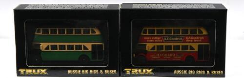 AEC REGENT: Two 1:76 scale TRUX 'AUSSIE BIG RIGS & BUSES' 1949 AEC REGENT III DOUBLE DECKER BUS models. TX6B in green Sydney Route 316 & TX6C in 'ROVER MOTORS' liveries