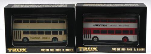 LEYLAND: Two 1:76 scale TRUX 'AUSSIE BIG RIGS & BUSES' 1961 Leyland Atlantean PDR/1 DOUBLE DECKER BUS models. TX10 in 'Eggins Comfort Coaches - TAREE' livery & TX10B in red/white 'JOYCES' livery
