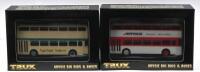 LEYLAND: Two 1:76 scale TRUX 'AUSSIE BIG RIGS & BUSES' 1961 Leyland Atlantean PDR/1 DOUBLE DECKER BUS models. TX10&nbsp;in 'Eggins Comfort Coaches - TAREE'&nbsp;livery & TX10B in red/white 'JOYCES' livery