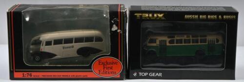 AEC REGAL: Two 1:76 scale model AEC buses including Trux 1951 AEC Regal Mark III single deck bus, Route 409 Burwood Model No.TX18 and AEC Regal Windover Timpsons bus by Gilbow Exclusive First Editions Model No.20702.