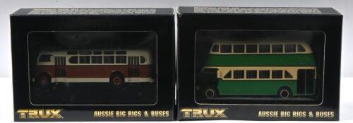 LEYLAND: Two Trux 1:76 scale Leyland buses including 1948 Leyland OPD2 Double Decker Bus Route 348 Code TX5B & 1952 Leyland Tiger Ops2 Single Decker Bus Route 129 Code TX7D.