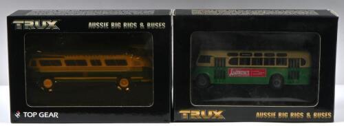 TRUX: Two 1:76 scale Trux diecast models including 1954 Ansair Flxible Clipper Model Code TX15F and 1953 Daimler CV Single Deck Bus Model Code TX1B.