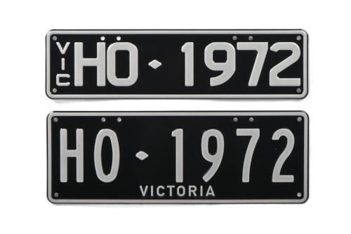HO: A set of black and white Victorian number plates - 'HO - 1972'. With rights to display
