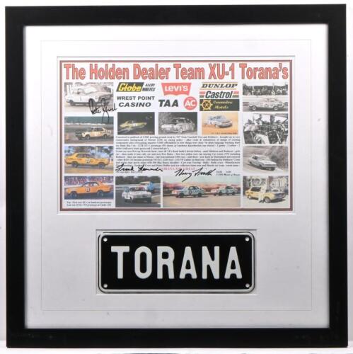 TORANA: A framed and glazed picture collage featuring the Holden Dealer Team XU-1 Toranas. Picture collage signed by Peter Brock, Harry Firth & Frank Lowndes