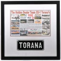 TORANA: A framed and glazed picture collage featuring the Holden Dealer Team XU-1&nbsp;Toranas. Picture collage signed by Peter Brock, Harry Firth & Frank Lowndes
