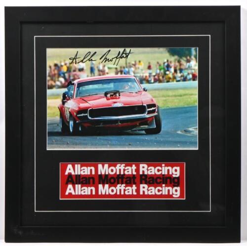 MOFFAT: A framed and glazed picture featuring a colour picture of the ALLAN MOFFAT RACING 1969 Ford Trans Am BOSS 302 MUSTANG. Picture signed by Allan Moffat