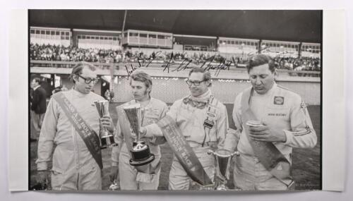 SANDOWN 250: A large black and white photograph of the winner and class winners from 1970 Sandown 250. Picture signed by Bond , Moffat & Norm Beechey