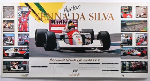 ADELAIDE GRAND PRIX: An impressive large glossy poster featuring Aytron Senna Da Silva participation in the Australian Grand Prix, Adelaide from 1985 to 1993