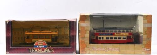 TRAMS: Two 1:76 scale trams models by CORGI. Special Edition 'THE ORIGINAL OMNIBUS COMPANY' Feltham Tram (OM40501) in red LONDON TRANSPORT' livery