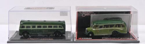 ENGLISH BUSES: Two 1:76 scale model buses by CORGI. Bedford OB Coach in two-tone green 'Southdown Motor Services' livery, numbered '0985' of 6,800 produced