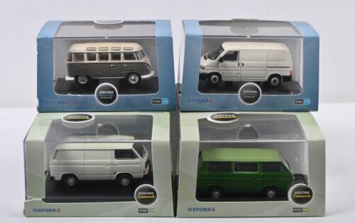 VW BUS/VANS: Four 1:76 scale OXFORD AUTOMOBILE and Commercials vans. VW T1, T4 & T25 vans
