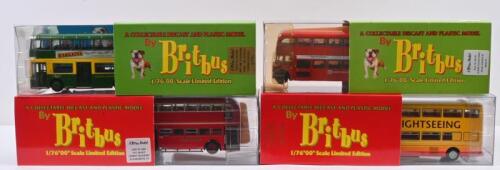 LONDON BUSES: Four Limited Edition 1/76 scale Britbus models. (NBC) Dennis LOLINE III in red 'ALDER VALLEY' livery, numbered '0372' of 1008 pieces & Scania Metropolitan Single Door D/D Bus in yellow 'CULTUREBUS - SIGHTSEEING, LONDON' livery, numbered '0132' of 1008 pieces