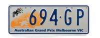 Australian Grand Prix&nbsp;Victorian&nbsp;'694&nbsp;GP' registration plates, sold with rights to display - [Location: Melbourne]