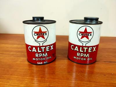 CALTEX: Two 'Caltex RPM Motor Oil' oil cans, S.A.E 30 and S.A.E 40