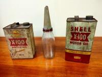 SHELL: Three Shell 'X-100 items including two tins and glass oil bottle. - 3