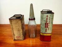 SHELL: Three Shell 'X-100 items including two tins and glass oil bottle. - 4
