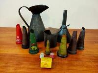 GARAGENALIA: A collection of garagenalia including oil bottle pourers, funnels, jug and Golden Fleece role of unused grease tickets from 'F.C Greenway Leichhardt'