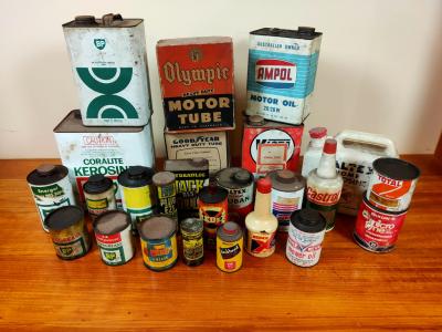 GARAGENALIA: A collection of garagenalia including tins, bottles and boxes