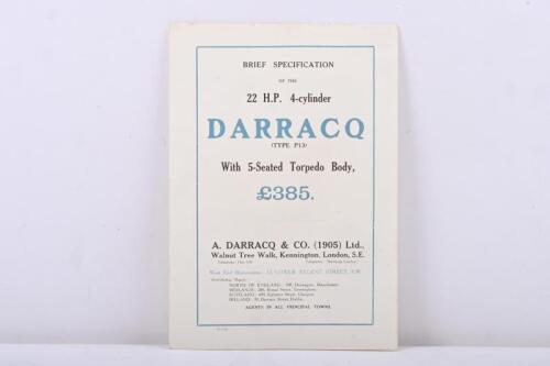 DARRACQ: A 1912 DARRACQ 22 H.P. 4-cylinder, TYPE P13 brief specification three fold sheet