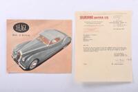 DELAGE: A circa 1950's DELAGE D 6 - 3 Litres single sheet, double sided brochure. With hand signed 'SELBORNE MAYFAIR LTD.' letter