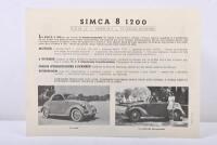 SIMCA: A 1950s SIMCA&nbsp;8 1200 single sheet, double sided sales brochure - 2