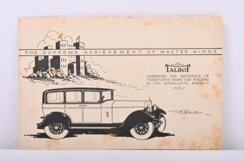 TALBOT: A circa 1930's 'THE INVINCIBLE TALBOT' model range brochure. As issued by 'BUCKLE MOTORS LTD, Sydney, etc ...' sole agents for New South Wales