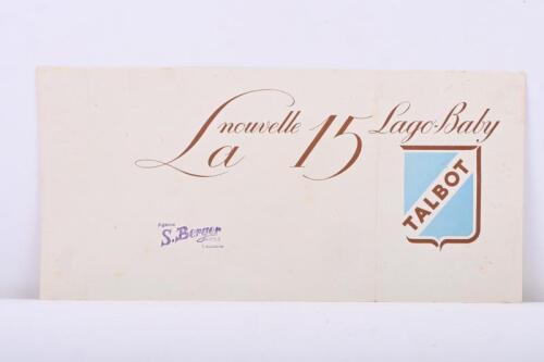 TALBOT: A 1950 TALBOT LAGO BABY 15 sales brochure. With 1950 S.Berger et FILS Price List