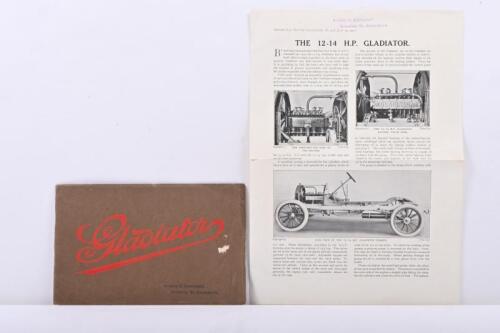 GLADIATOR: A circa 1911 Gladiator Cars sales brochure. With reprinted article from THE CAR ILLUSTRATED. No.478, July 19, 1911 detailing 'THE 12-14 H.P. GLADIATOR.'