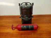 TANK: A large brass acetylene cylindrical tank and extinguisher