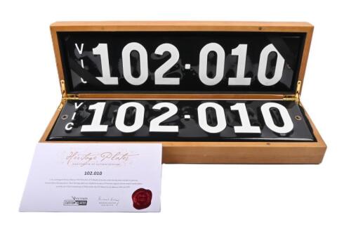 Six digit Victorian heritage enameled plates '102-010', sold with rights to display [Location: Melbourne]