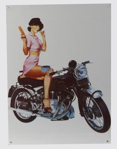 74 · VINCENT: A heavy gauge metal reproduction enamalled sign featuring the iconic Chiko Roll advertising scene on the Vincent Rapide, 68.5cm high, 51cm wide