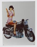VINCENT: A heavy gauge metal reproduction enamalled sign featuring the iconic Chiko Roll advertising&nbsp;scene on the Vincent Rapide, 68.5cm high, 51cm wide