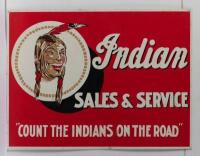 INDIAN: A think gauge 'Indian Sales & Serice, Count the Indians on the Road' reproduction tin sign, 45cm high, 60cm wide.&nbsp;&nbsp;