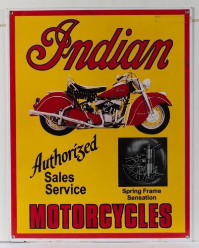 INDIAN: A heavy gauge enameled metal 'Indian Authorized Sales Service' reproduction sign, 61cm high, 48.5cm wide.