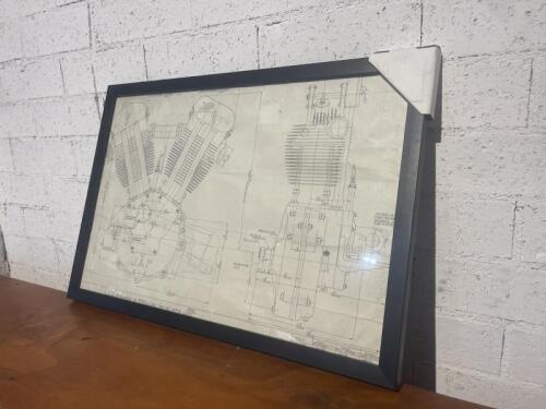 171 · J.A.P.: A framed print of a 995cc J.A.P. OHV twin engine plans [Location: Sydney]