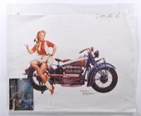 INDIAN: A colour&nbsp;illustrative poster by artist Eric Henn featuring a woman sitting on an Indian motorcycle. Poster signed by artist
