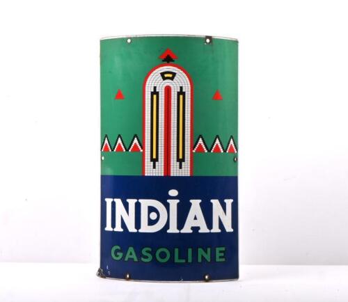 INDIAN: A reproduction, convex 'INDIAN GASOLINE' tin sign with motif