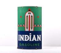INDIAN: A reproduction, convex 'INDIAN GASOLINE' tin sign with motif