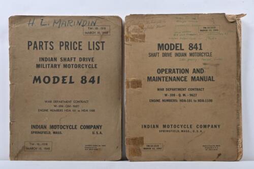 INDIAN: Two original March 1942 Indian MODEL 841 reference publications. 'PARTS PRICE LIST' (TM - 10 - 1518) for 'INDIAN SHAFT DRIVE MILITARY MOTORCYCLE' & 'MODEL 841 SHAFT DRIVEN INDIAN MOTORCYCLE, OPERATION AND MAINTENANCE MANUAL' (TM-10-1519). Both produced as part WWII War Department Contract