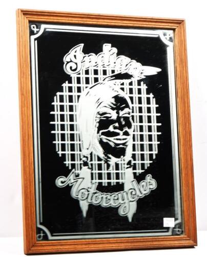INDIAN: An Indian Motorcycles etched mirror displaying Indian Motorcycle head motif