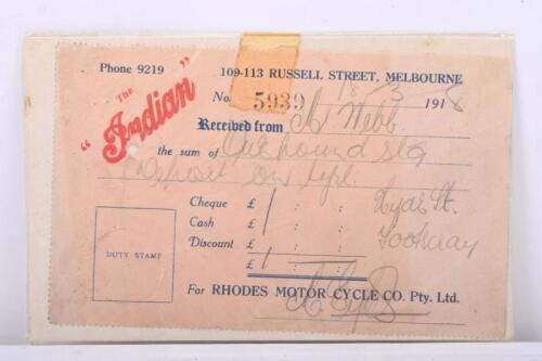 INDIAN: An original 1918 'The "Indian" purchase receipt from RHODES MOTOR CYCLE CO. Pty. Ltd, Russell St, Melbourne