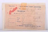 INDIAN: An original 1918 'The "Indian" purchase receipt from RHODES MOTOR CYCLE CO. Pty. Ltd, Russell St, Melbourne